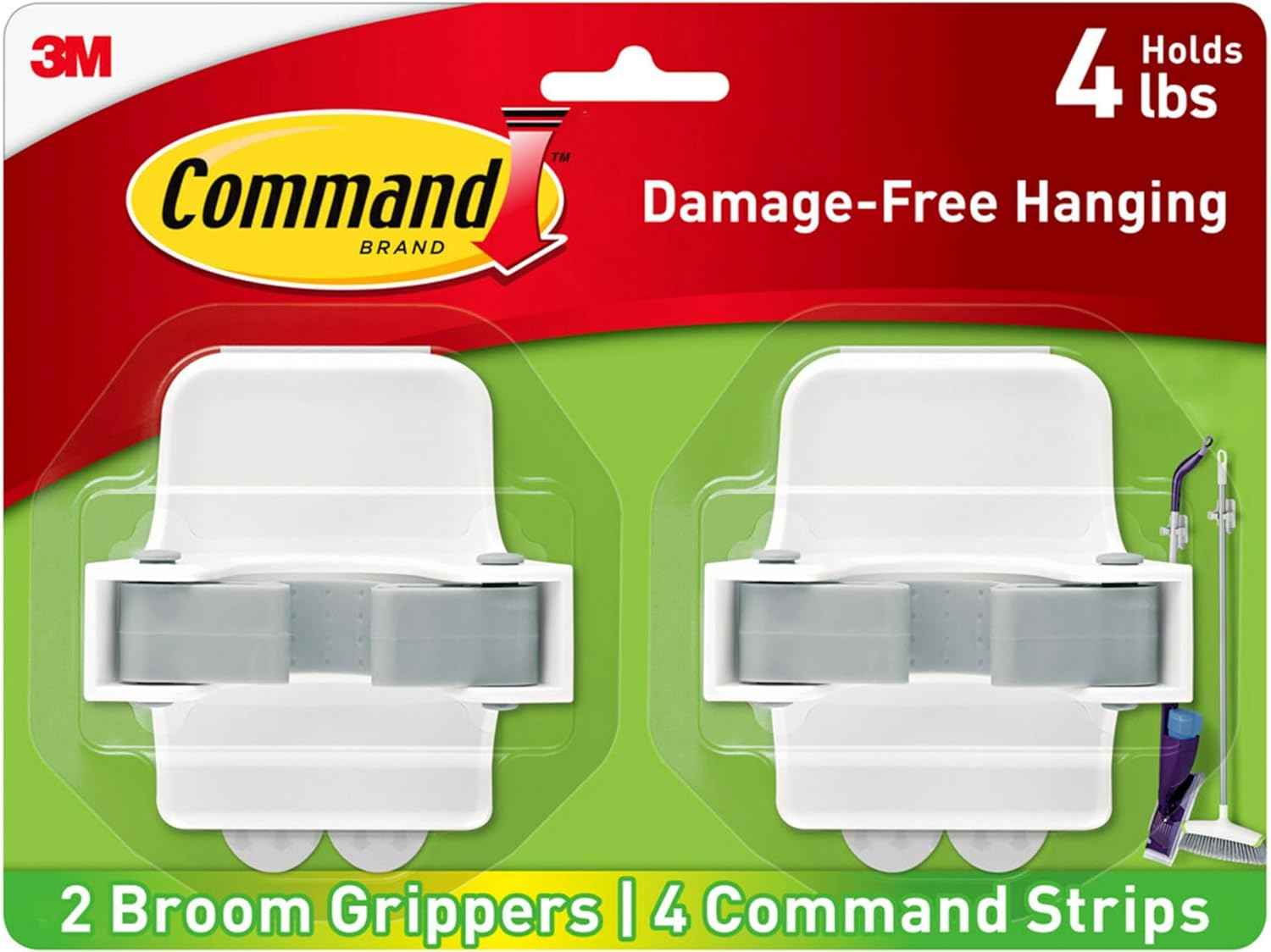 Command Broom and Mop Grippers, 2 Hangers and 4 Strips, Damage-Free Hanging Wall Mount Broom and Mop Holder, Household Cleaning Organizer for Christmas Decorations, Holds up to 4 lb