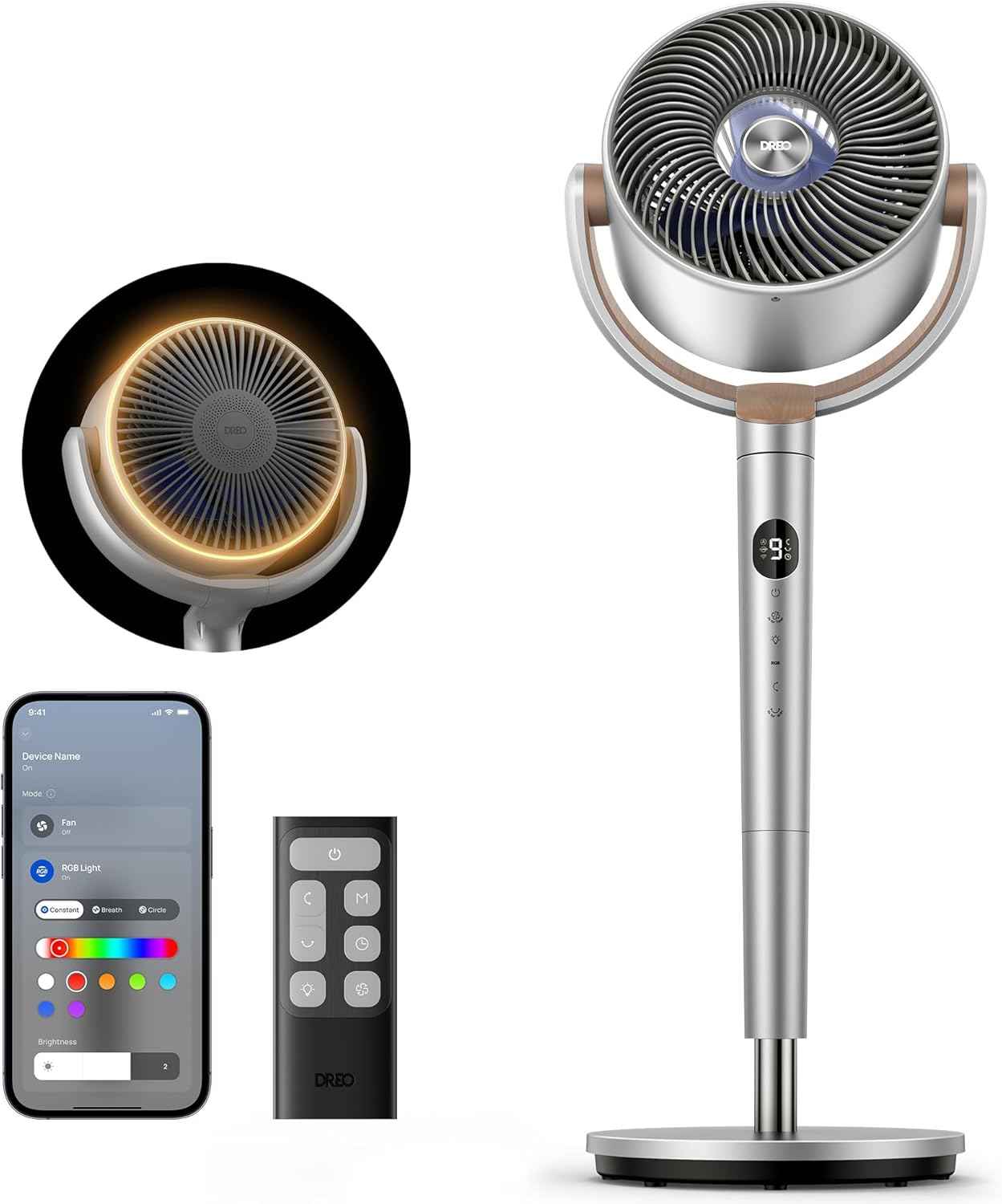 Dreo Smart Fan for Bedroom, 120° +120° Omni-Directional Oscillating Fans, 90ft Quiet Pedestal Fan with RGB Light, 9 Speeds, 6 Modes, 20dB, 8H Timer, Wi-Fi/Voice/Alexa, 37-42" Floor Fans with Remote