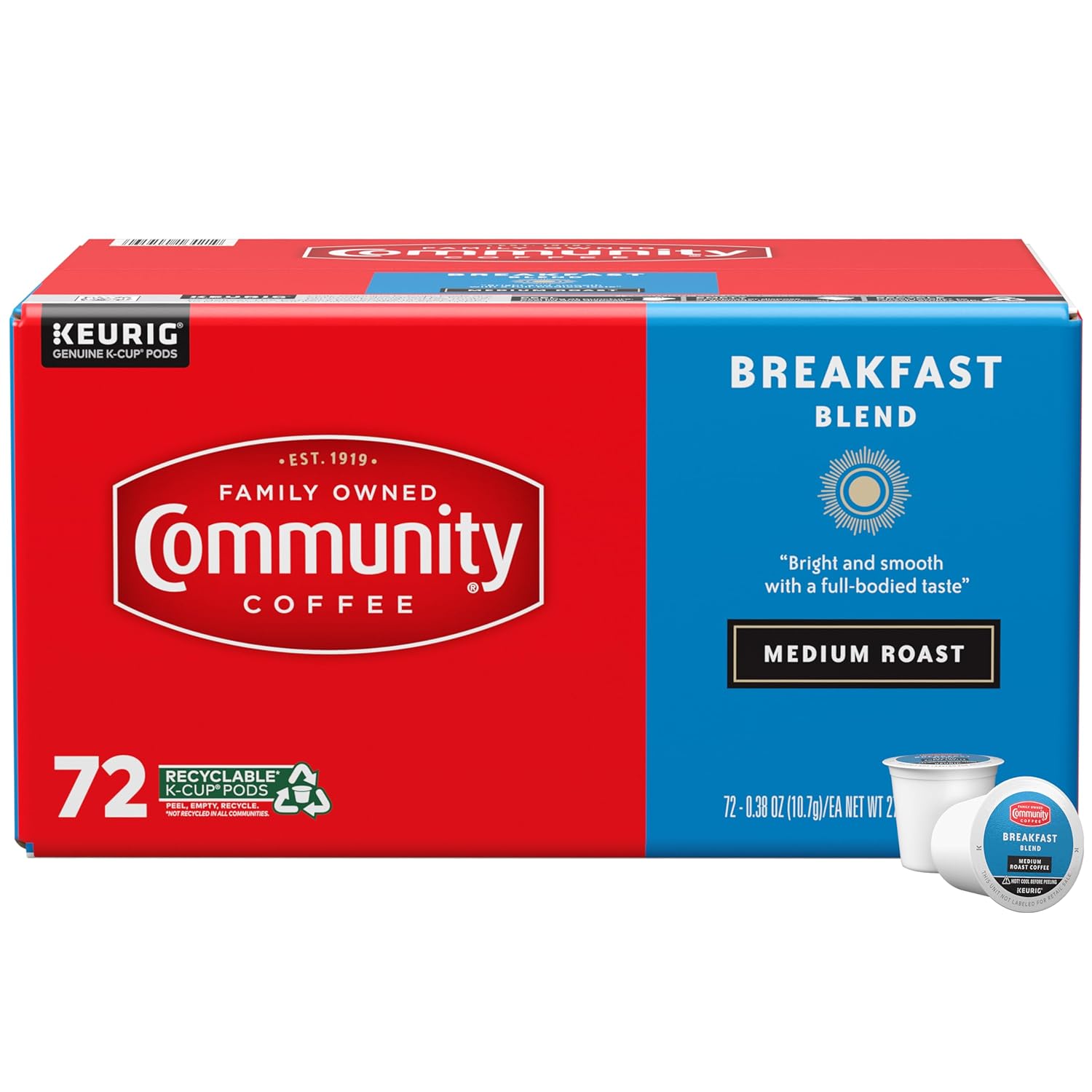community coffee breakfast blend, medium roast, 72 count single-serve keurig k-cup pods, k-cup compatible