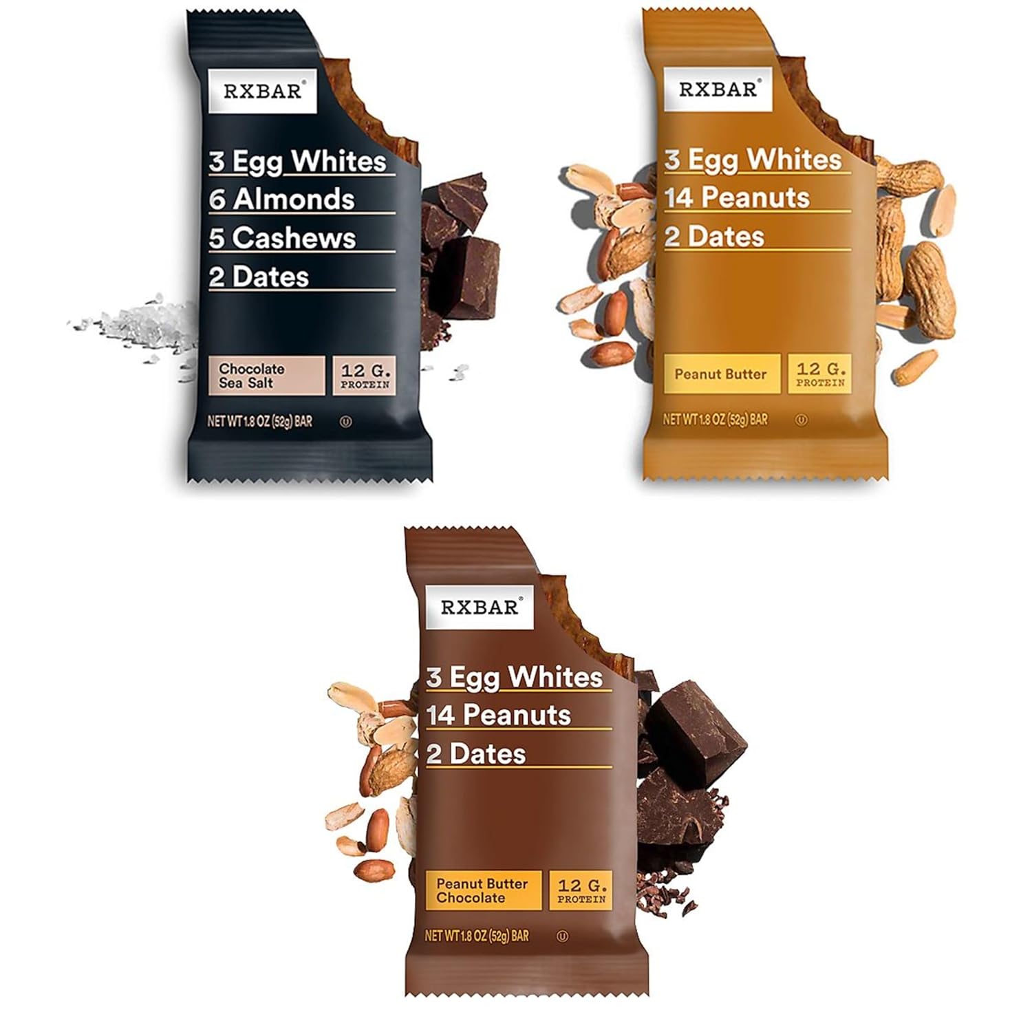 rxbar variety pack, 18.3oz box, 10 count, 12g protein snack bars