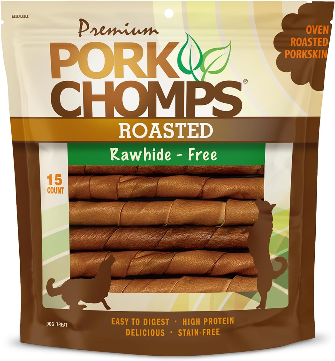 Pork Chomps Roasted Pork Skin Dog Chews, 6-inch Twists, 100% Rawhide Free, 15 Count