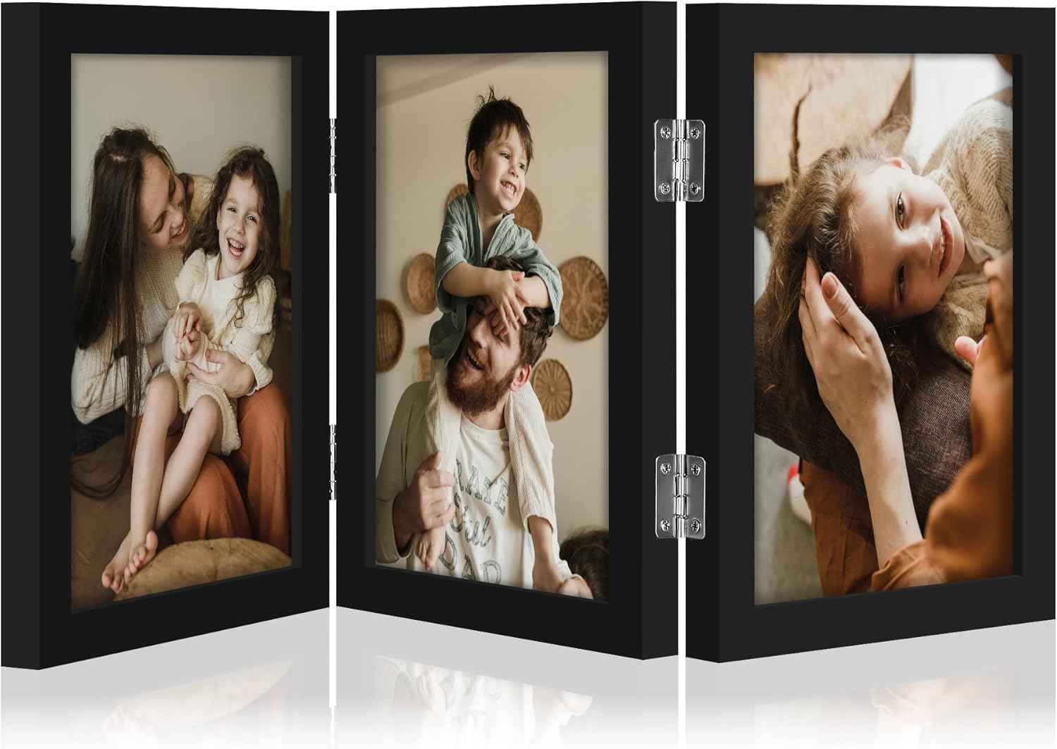 decorUhome Triple 4x6 Picture Frame Vertical, Engineered Wood Trifold Photo Frame with Plexiglass for Tabletop Display, 4x6, Black