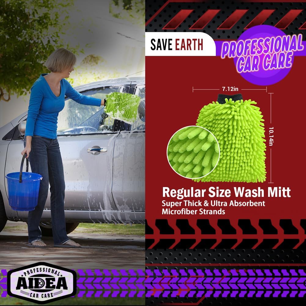 AIDEA 2PK Premium Chenille Microfiber Car Wash Mitts, Green, 7.12''x10.14''
