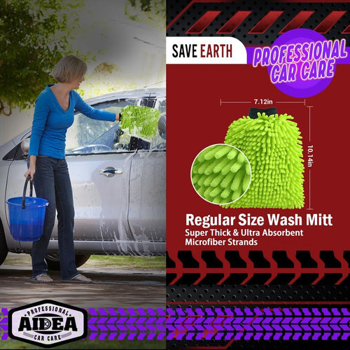AIDEA 2PK Premium Chenille Microfiber Car Wash Mitts, Green, 7.12''x10.14''