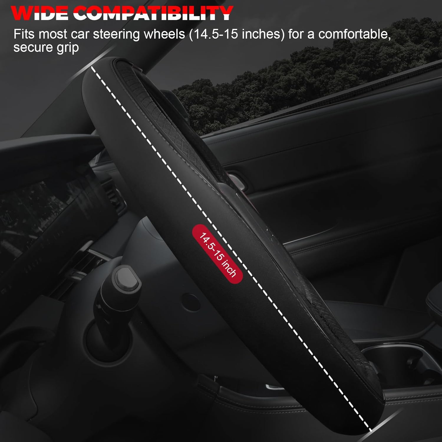 Ouzorp universal 14.5-15 inch black microfiber leather steering wheel cover with anti-slip lining