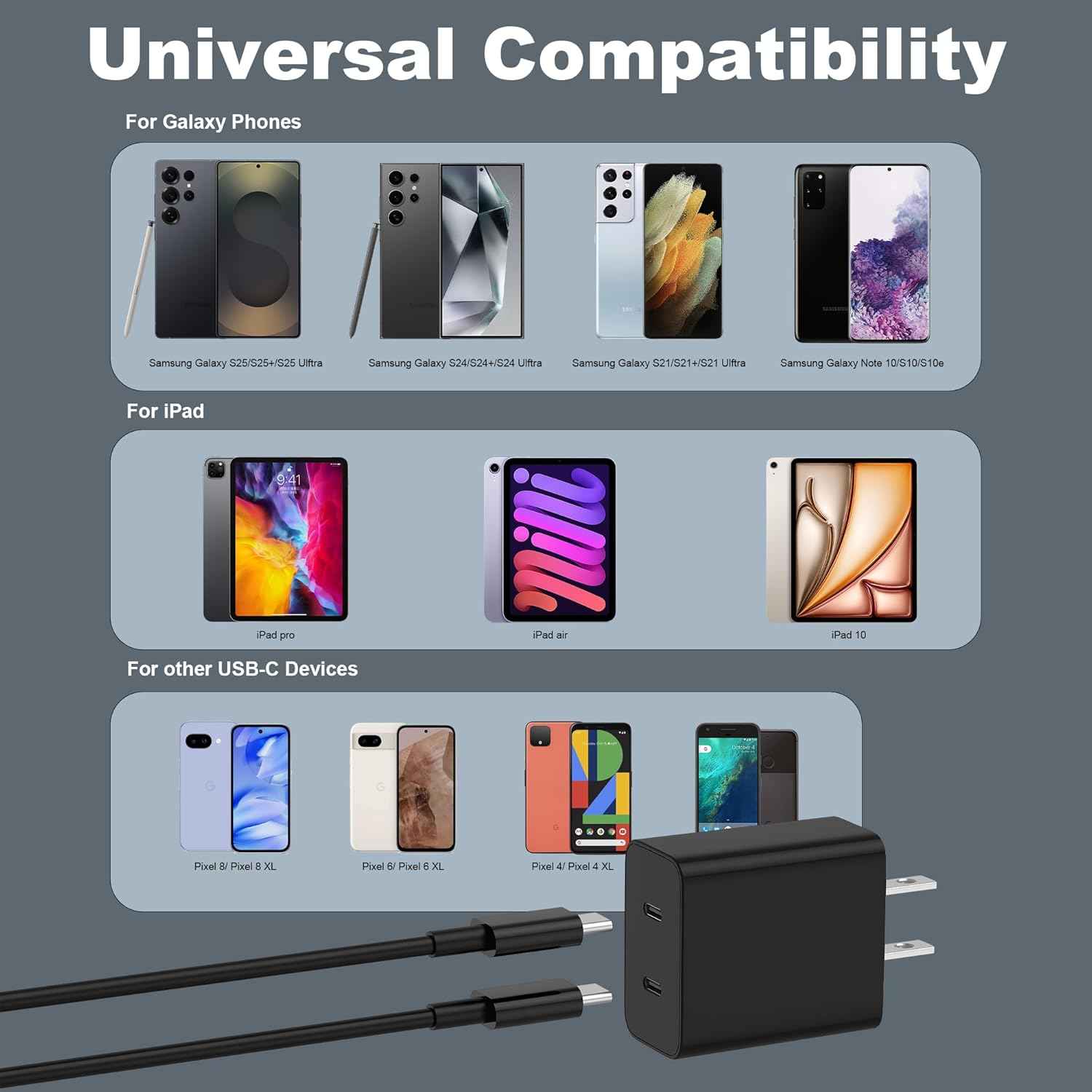 45W 2Pack Super Fast Charger USB C Dual Port Android Phone Charger Type C Fast Charging Block with 10FT Type-C Charger Cord for Samsung Galaxy S25/S25 Ultra/S25+/S24 Ultra/S24/S24+/S23/S22/iphone 17
