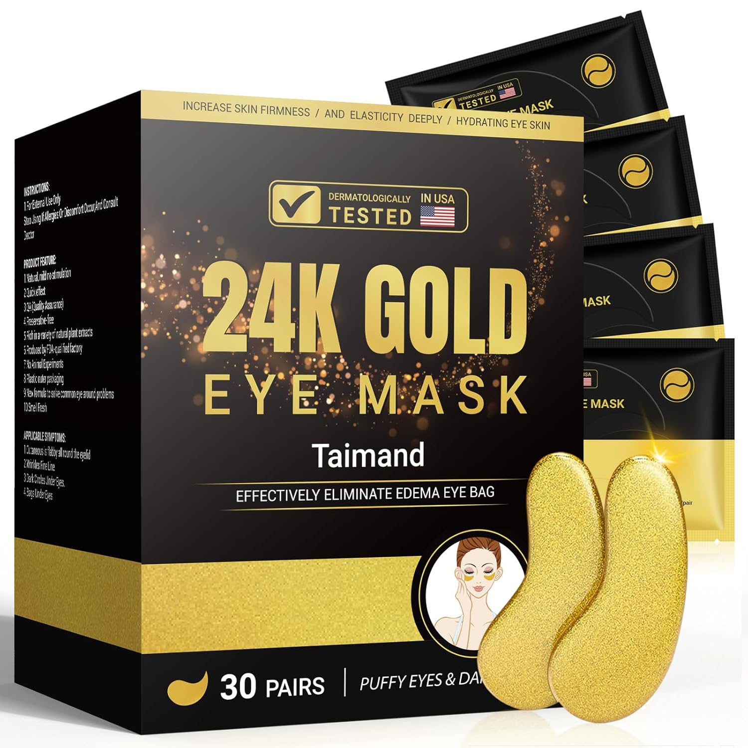 24K Gold Under Eye Patches (30 Pairs) for Puffy Eyes, Dark Circles, Wrinkles and Skin Revitalisation