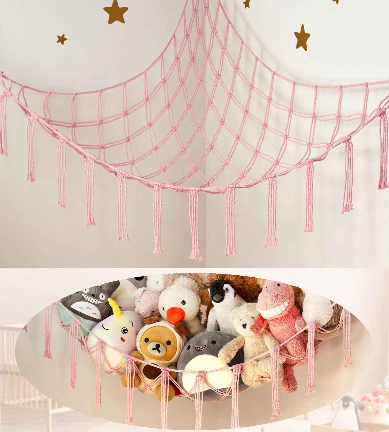 Stuffed Animal Hammock Corner Storage Net Cute Preppy Trendy Stuff Gifts for Teen Girls Baby Room Living Room House Wall Nursery Decor Rainbow Color Colorful Unicorn Hanging Organizers Organization