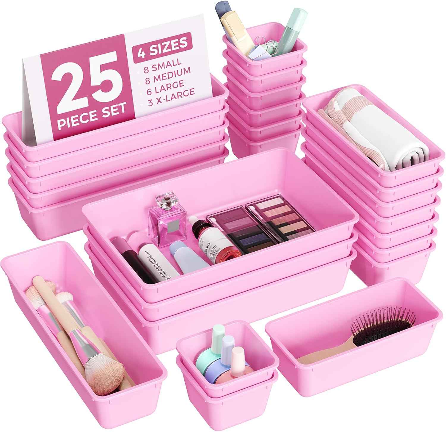 25 PCS Plastic Drawer Organizers Set, 4-Sizes Vanity and Makeup Organizer, Desk and bathroom Drawer Organizer Trays, Organizers and Storage for Makeup, Jewelry, Gadgets, Utensils (Pink)