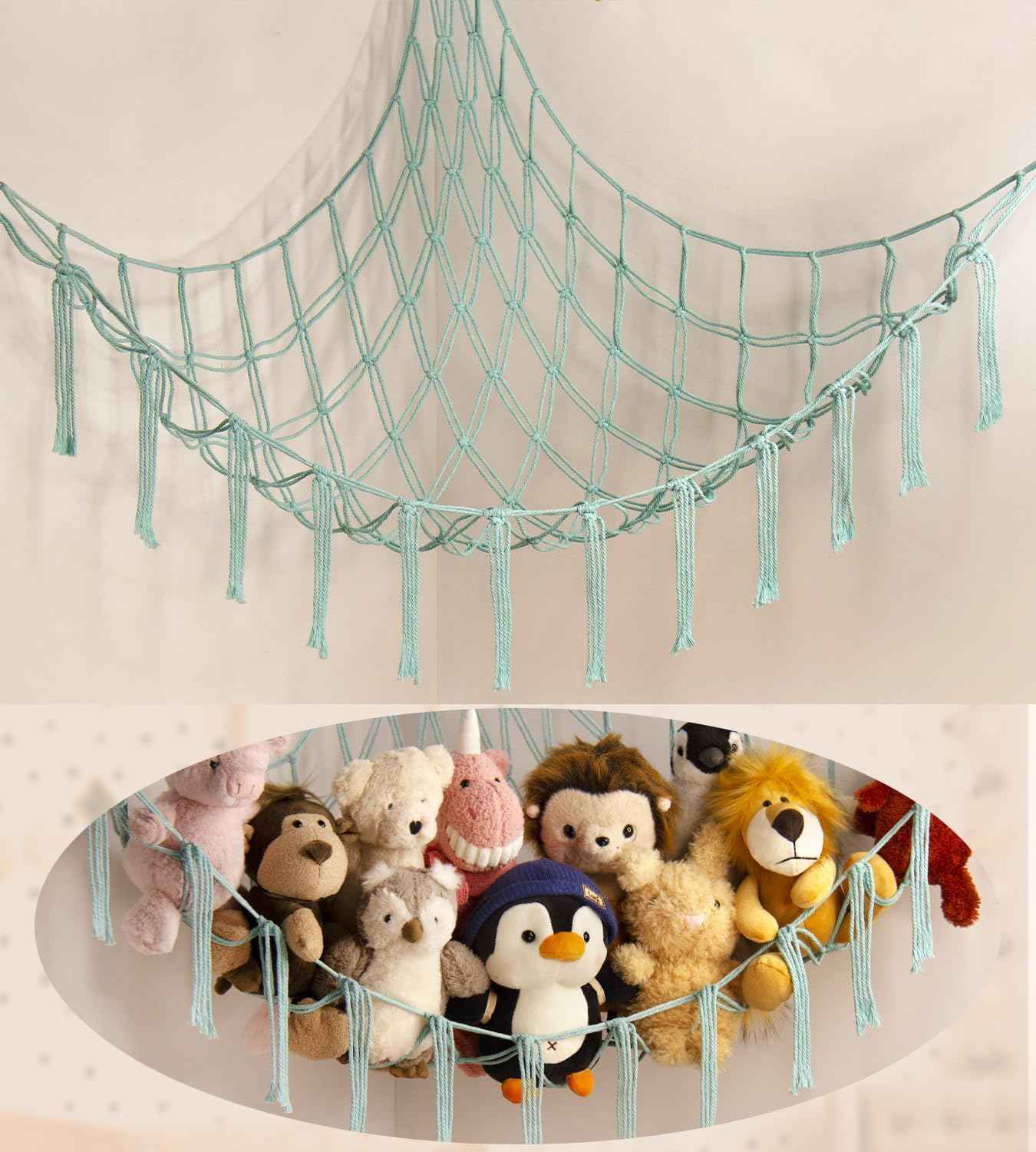 Stuffed Animal Hammock Corner Storage Net Cute Preppy Trendy Stuff Gifts for Teen Girls Baby Room Living Room House Wall Nursery Decor Rainbow Color Colorful Unicorn Hanging Organizers Organization