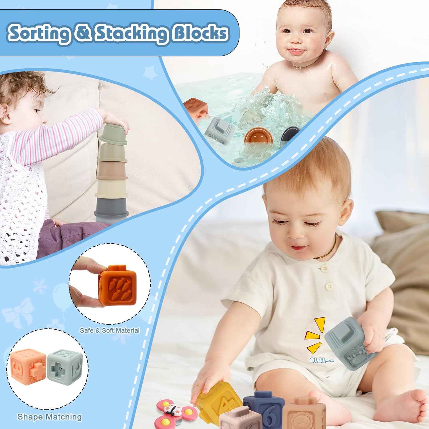 EPOGG 6 in 1 Montessori Toys for Babies 6-12 Months Up - Incl Pull String Toy, Stacking Cups, Tissue Box, Suction Cup Spinner, Stacking Blocks,Activity Cube, Baby Toys for 1 2 3 Year Old