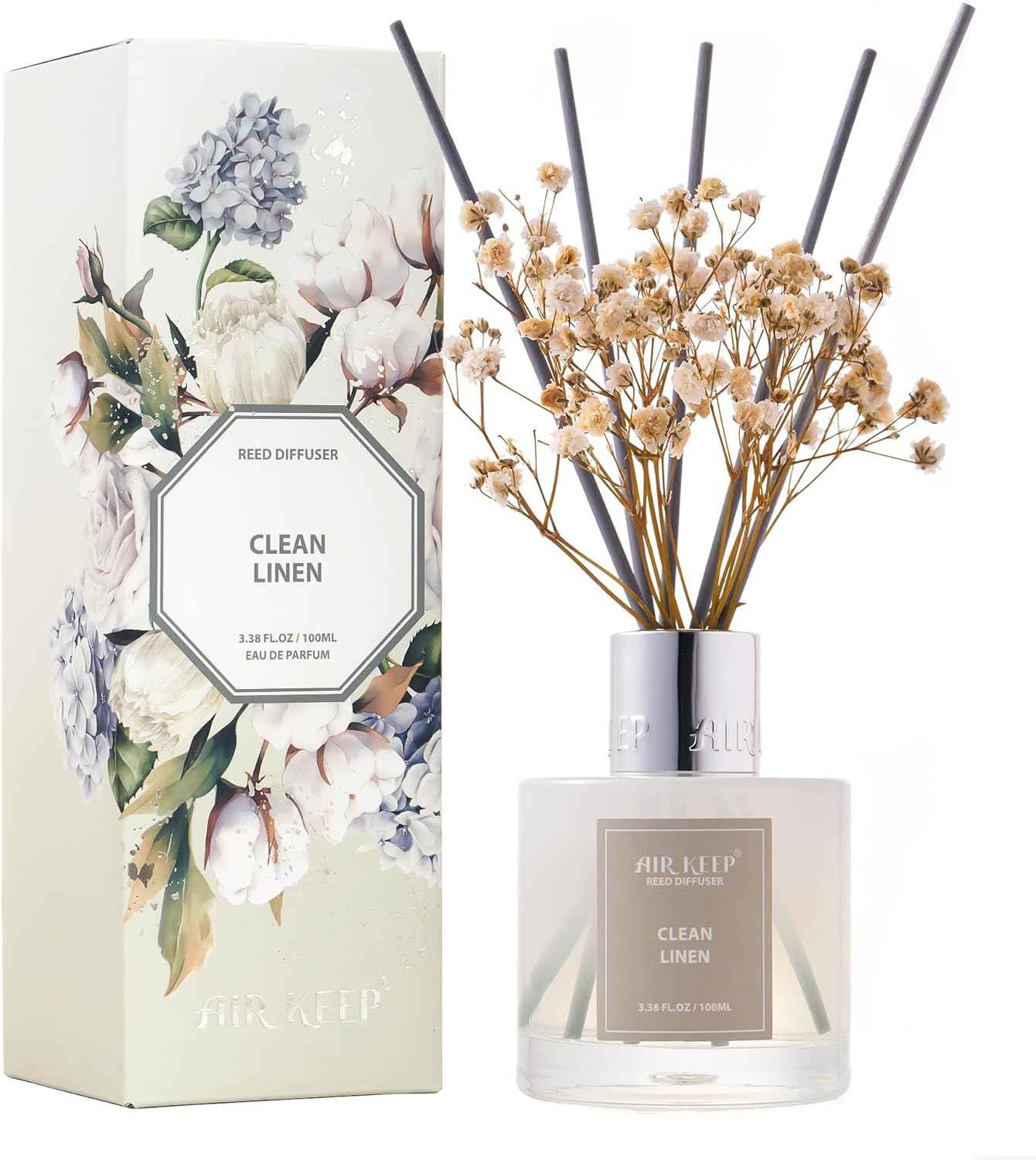 Airkeep Reed Diffuser Set,3.38 fl oz (100 ml) - Clean Linen Oil Diffusers with 8 Reed Sticks,Home Fragrance Reed Diffuser for Bathroom Shelf Decor