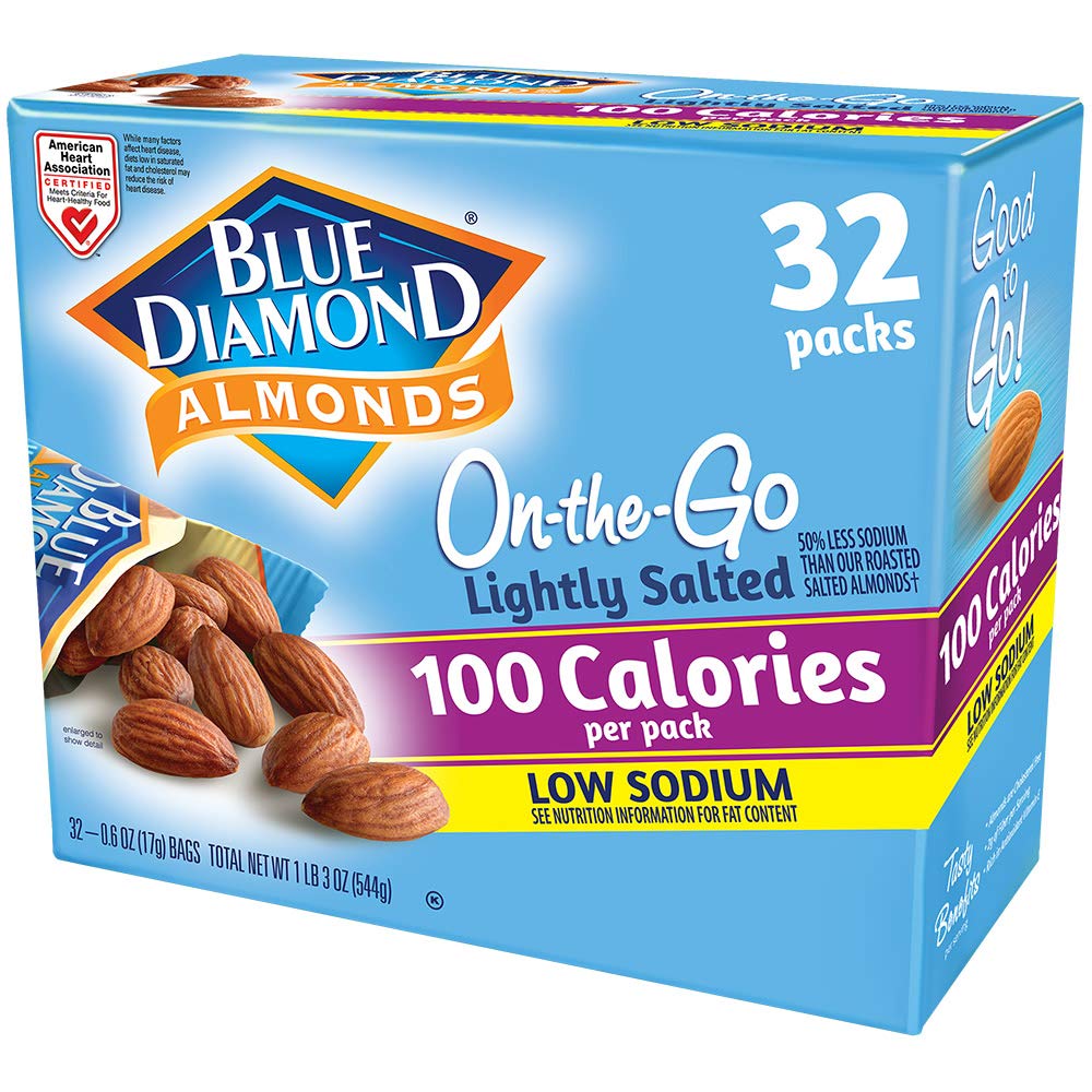 Blue Diamond Low Sodium Almonds, 100 Calorie Packs, 0.6 Ounce, Pack of 32, Lightly Salted, Snack Nuts