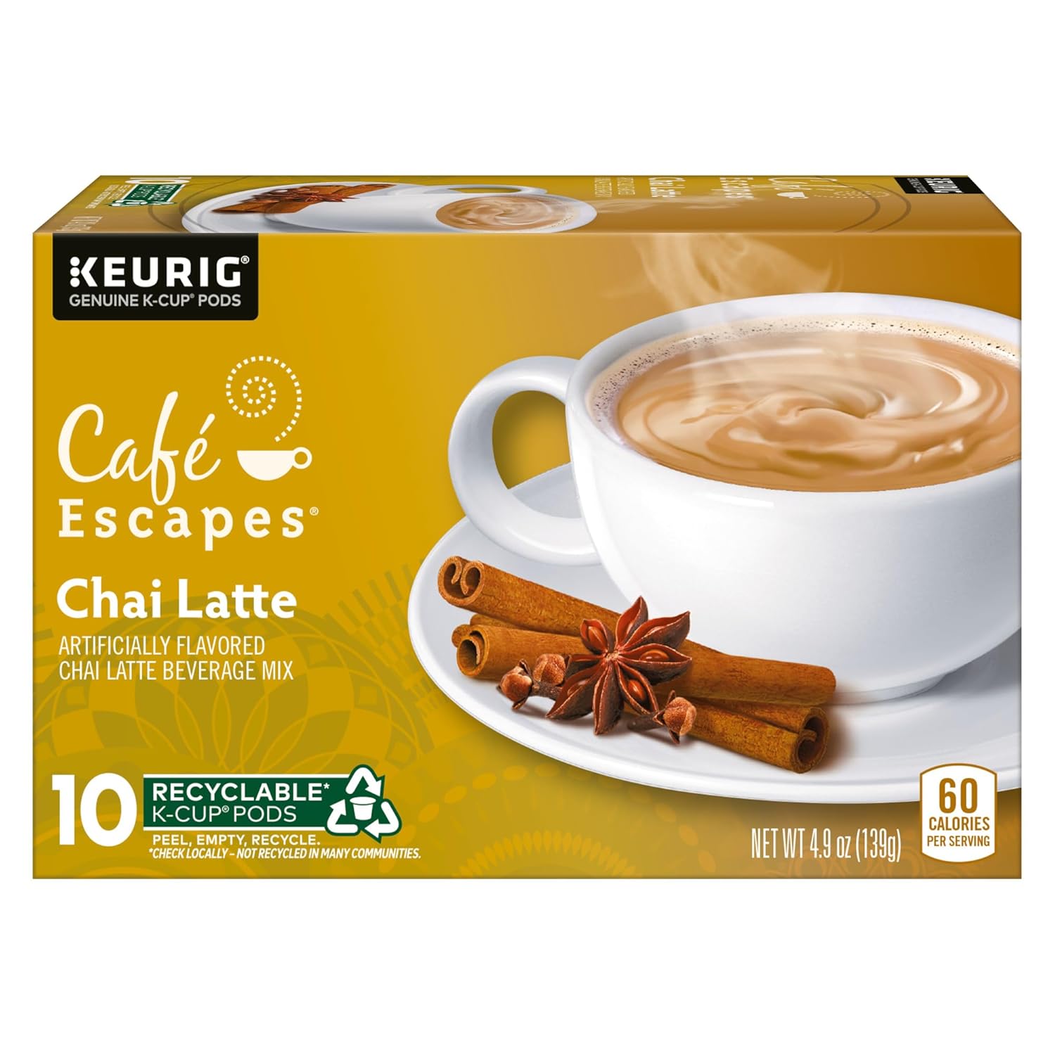 Café Escapes Chai Latte single-serve K-cup pods in 60 count box, low caffeine, contains milk, black tea and spices