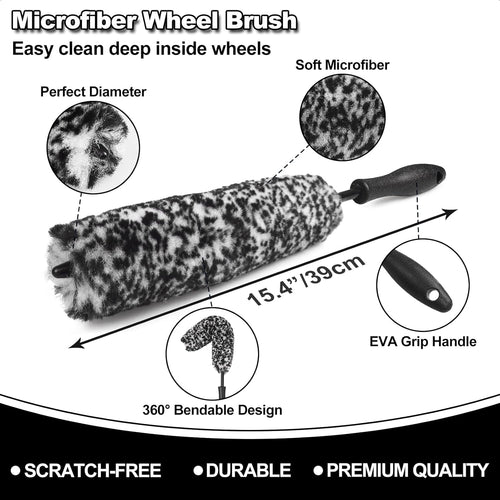 7-piece car wheel brush kit with metal-free design, soft-bristled rim cleaner, and tire shine applicator pad for gentle cleaning and detailing