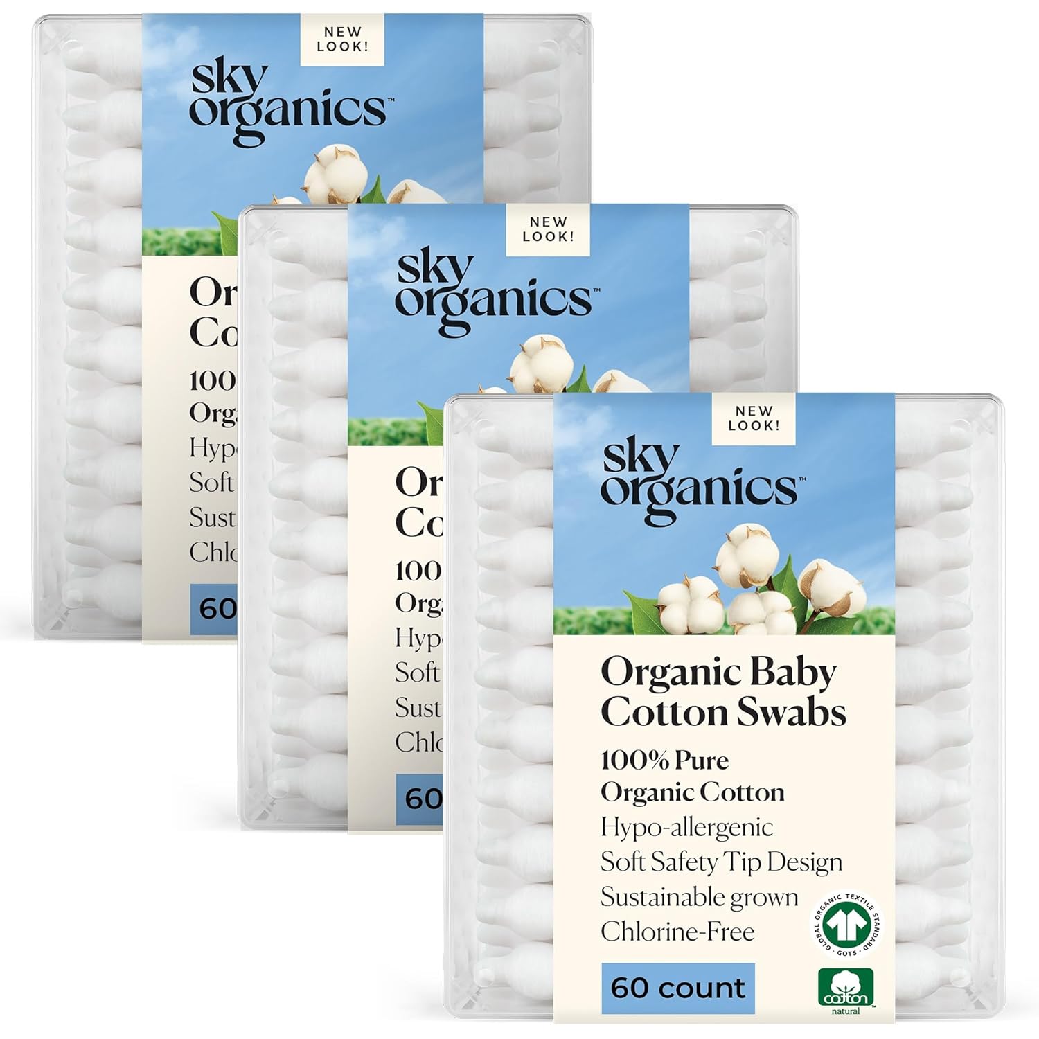 Sky Organics organic baby cotton swabs, 60 count, ultra soft, baby safe tips, strong and durable, hypoallergenic, chlorine free