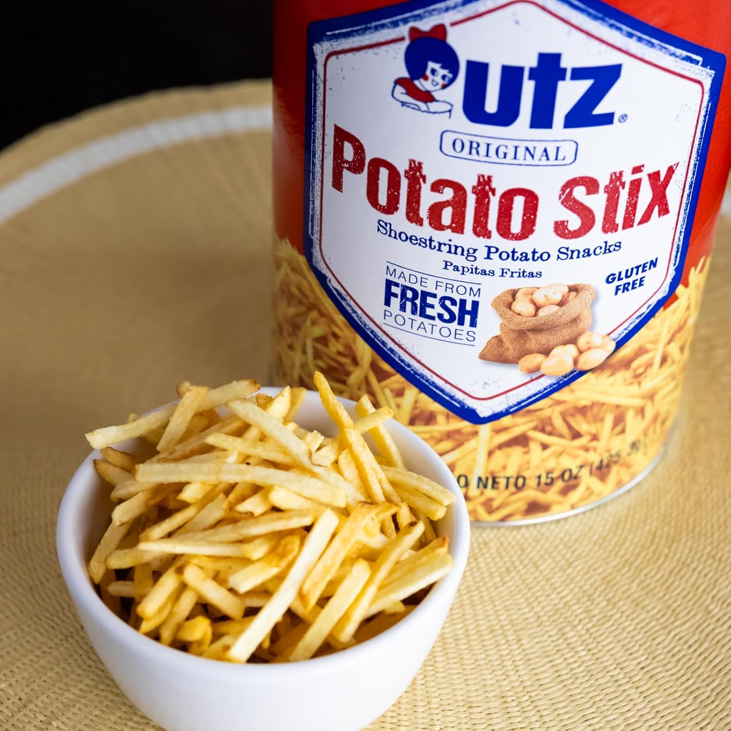Utz Original Potato Stix, 15 Oz Resealable Canister for Fresh Potato Snacks