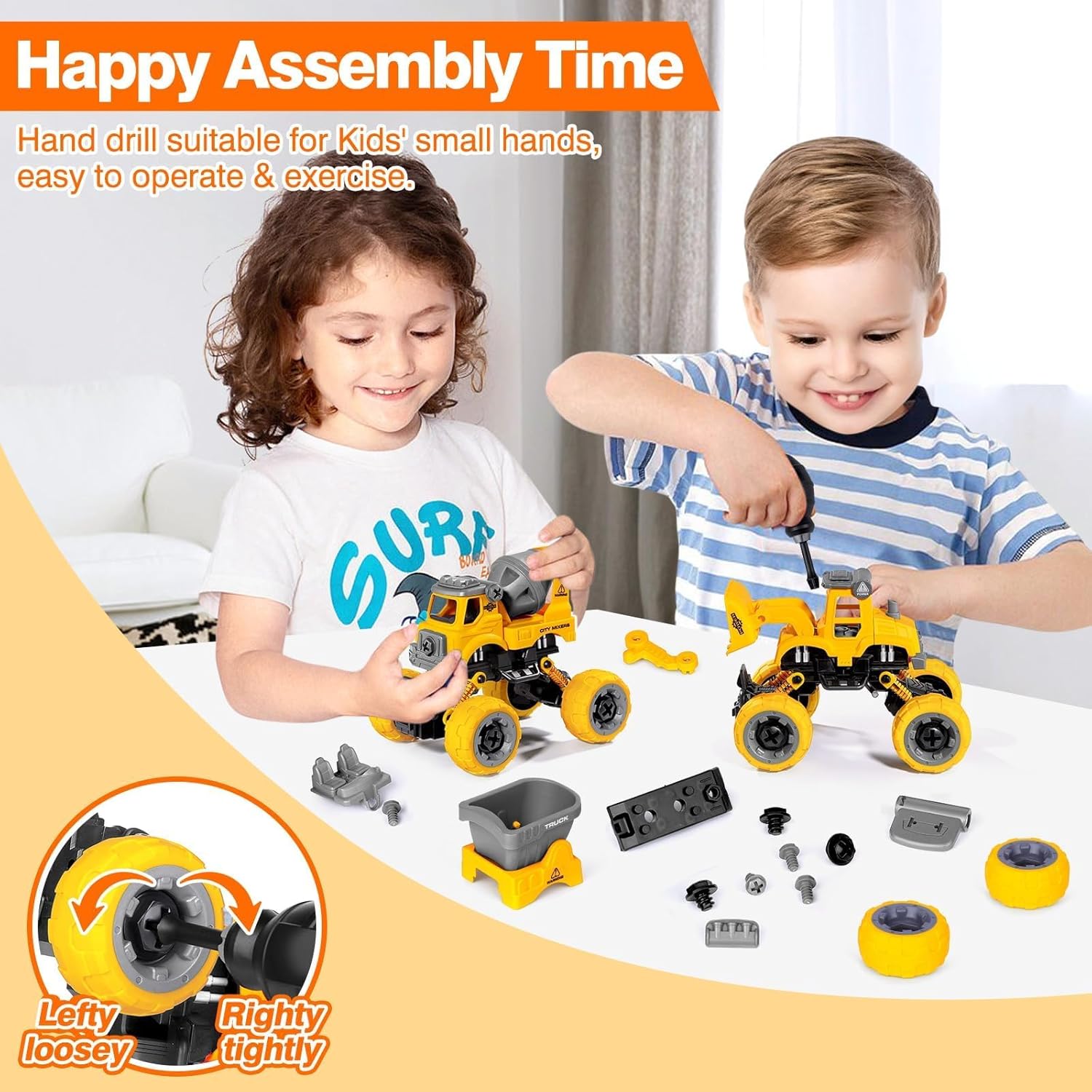 LUDILO Toys for 3 4 5 Year Old Boy Birthday Gift: 4PCS Take Apart Construction Truck Excavator Toy with Electric Drill, Kids Building Stem Learning Toy Gifts for 3 4 5 6 Year Old Boys Toys Age 4-6 3-5