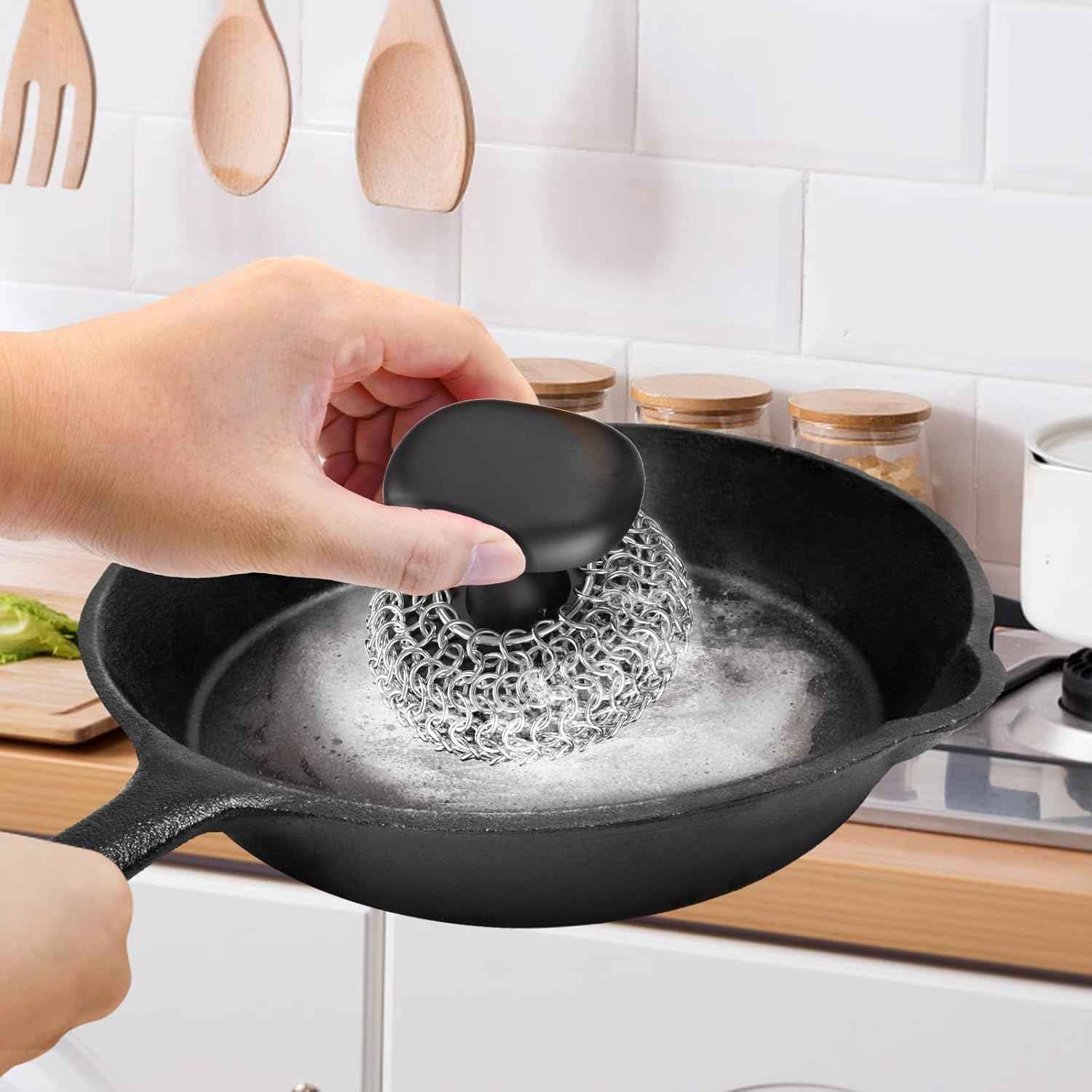Purgreat Cast Iron Scrubber | Dish Scrub Brush | 316 Cleaner Chainmail Scrubber for Cast Iron Pan Skillet Cleaner - Dish Scouring Pad Dishwasher Safe Cleaning Kit, Black 02