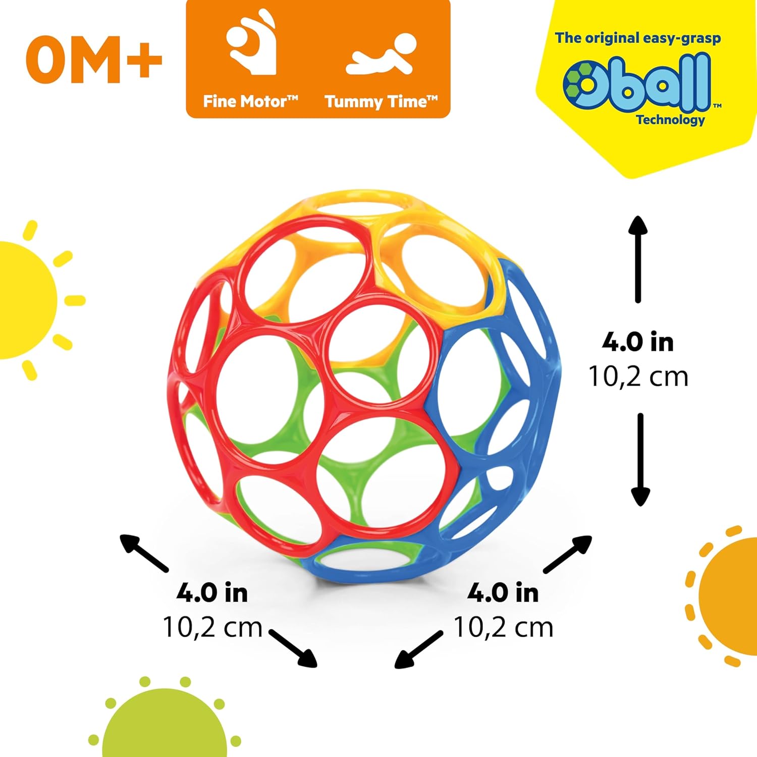 Bright Starts Oball Easy Grasp Classic Ball BPA-Free Infant Toy in Red, Yellow, Green, Blue, Age Newborn and up, 4 Inches