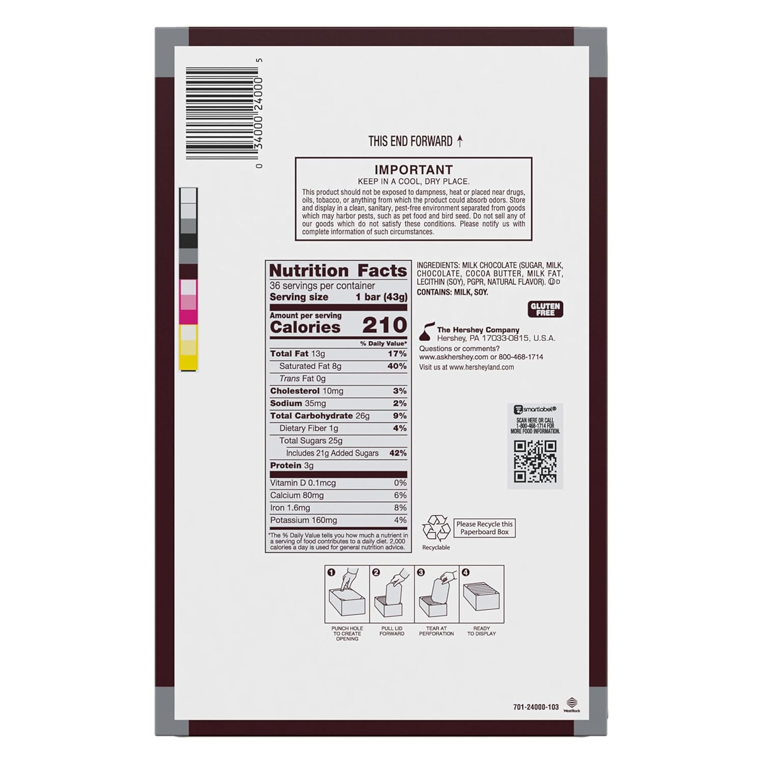 Hersheys milk chocolate bulk candy bars, 36 count, 1.55 oz each, kosher and gluten free