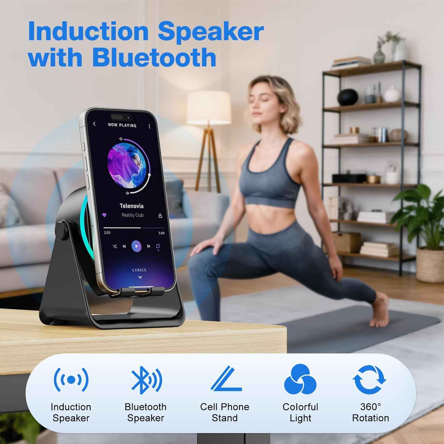 TARKARI Wireless Induction Speaker, 5 in 1 Bluetooth Speaker, 360° Rotation Cell Phone Stand with Colorful Ambient Light Compatible with iPhone iPad Android Tablet, Birthday Gifts for Women Men Him