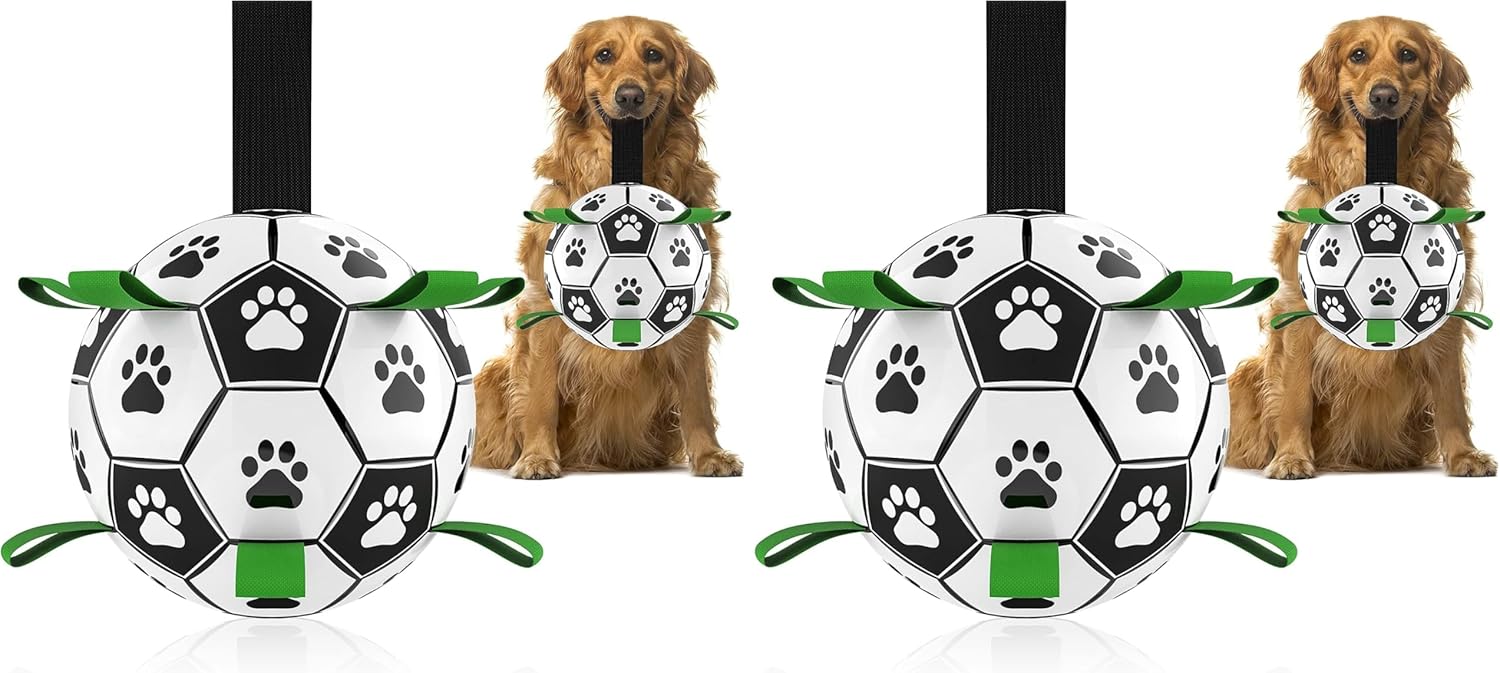 Qdan dog toys 6 inch world cup dog soccer ball with straps for small medium pet outdoor play