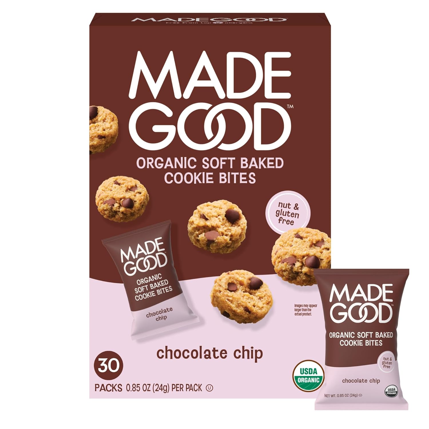 MadeGood Soft Baked Gluten-Free Chocolate Chip Mini Cookies, 30 Count, Perfect for School, Camping, or Movie Snacks