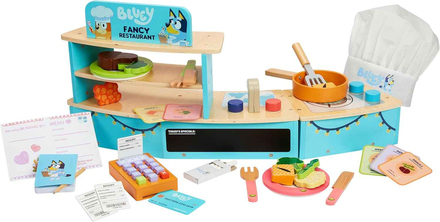 8th Wonder Bluey Toys Wooden Tea Party Set, 18-Piece Durable Toy Tea Set with Tray, Teapot, Teaspoons, and More, Pretend Play for Toddlers of Ages 3+