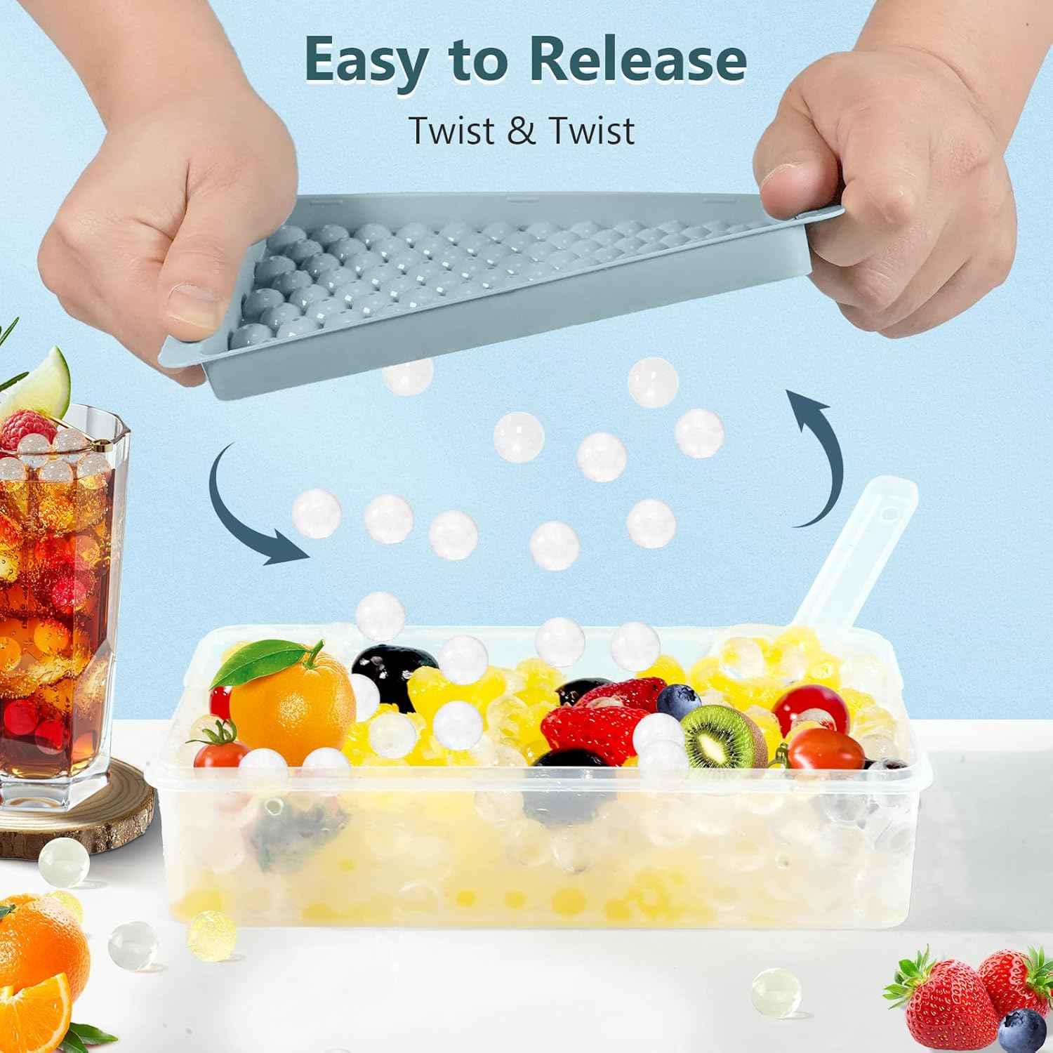 WIBIMEN Mini Ice Cube Trays, Small Tiny Round Pebble Crushed Nugget Ice Trays for Freezer with Lid - Chilling Drinks Coffee Juice(2 Pack/0.55In - Blue)