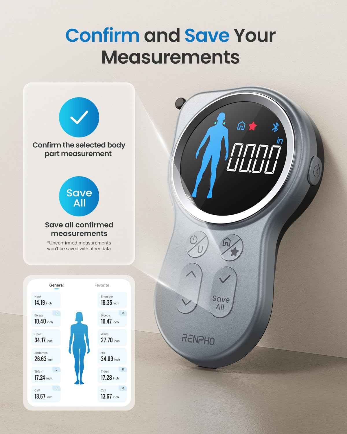 RENPHO Smart Tape Measure with Large Display, Bluetooth Body Measuring Tape with App for Weight Loss, Fitness Shape, Measure Circumference Length