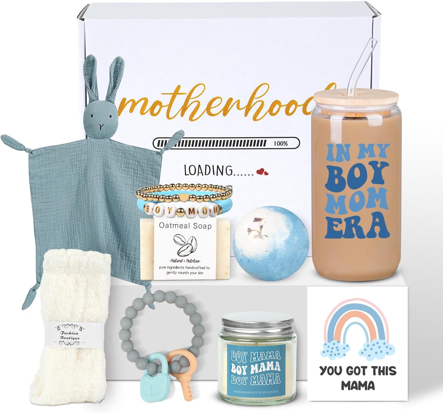 New Mom Gift Basket for Boy Mom, Postpartum Care Package with Boy Mom Drinking Cup and Bunny Lovey Blanket