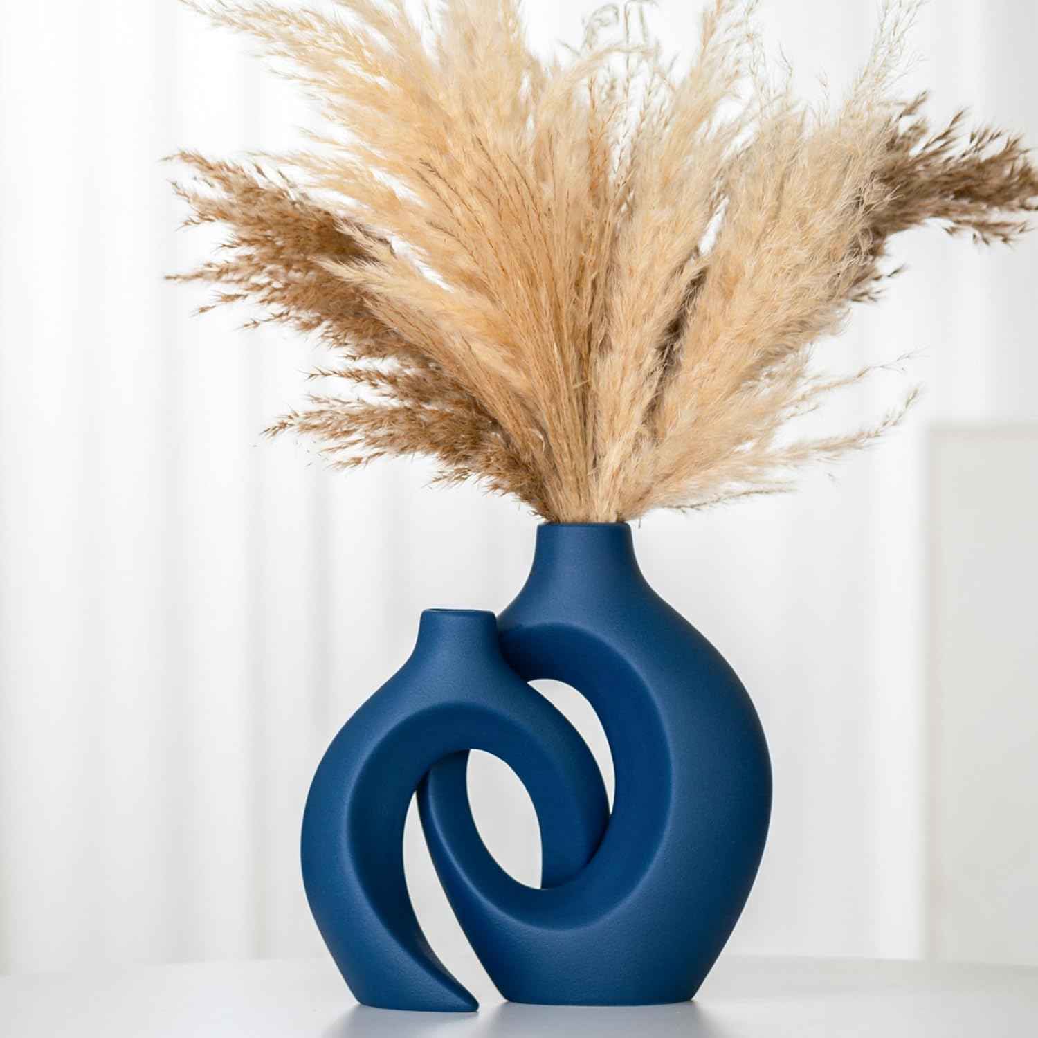 Snuggle Hollow Ceramic Vase Set of 2, Nordic Modern Boho ins Style Decorative Ceramic Aesthetic Flower Vase for Home Decor (Milky White W 6.3" X H 8.4")