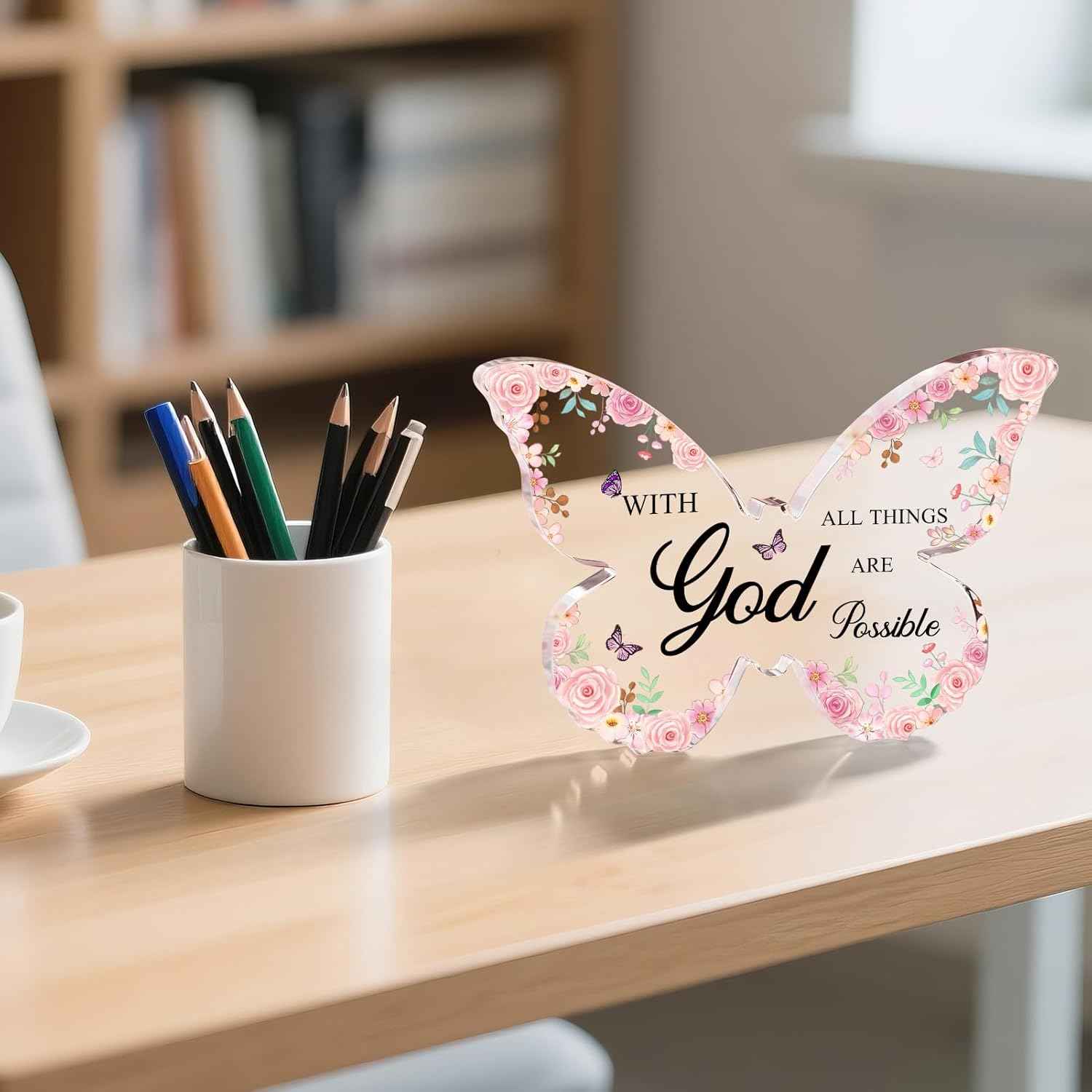 Office Desk Decor for Women Pink Desk Accessories Decoration Pink Butterfly Christmas Gifts for Women Birthday Inspirational Religious Gift for Office Room Decor