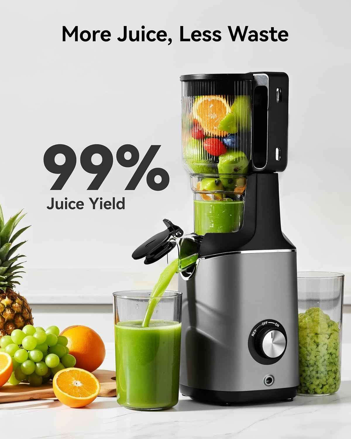 Cold Press Juicer, EUHOMY 5.8" Wide Feed Chute Juice Extractor Machine with 400W, High Juice Yield, Slow Masticating Juicer for Whole Vegetables & Fruits, Deep Silver
