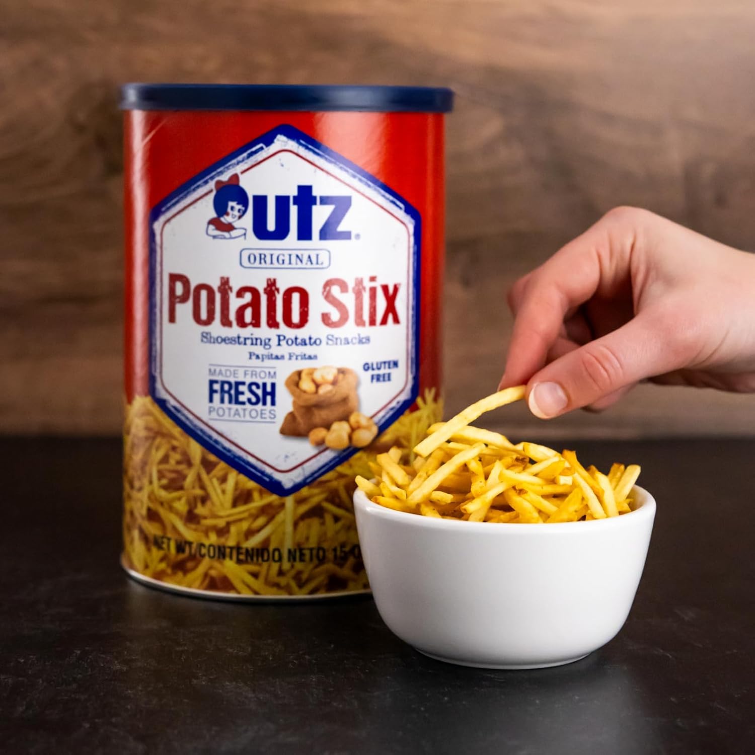 Utz Original Potato Stix, 15 Oz Resealable Canister for Fresh Potato Snacks