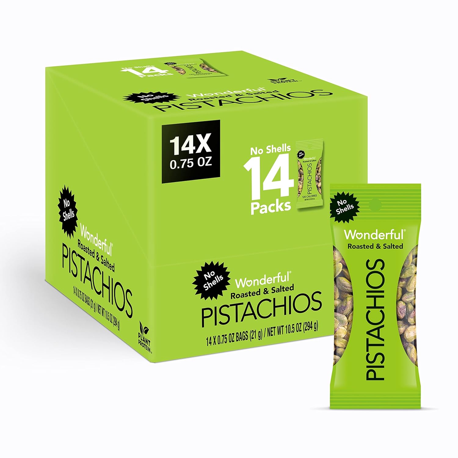 wonderful pistachios no shells roasted & salted nuts 0.75 ounce bag pack of 14 protein snacks