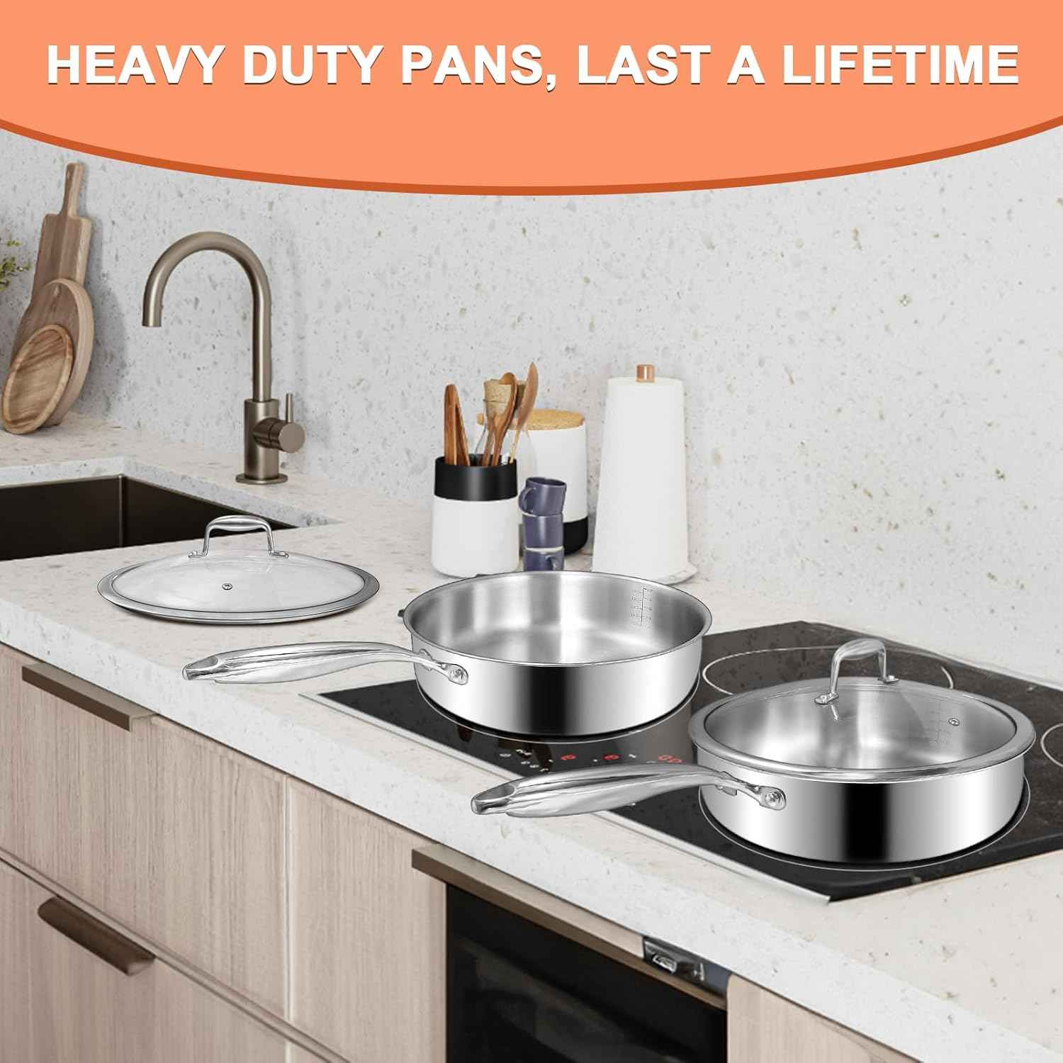 EWFEN 12 Inch Tri-Ply Stainless Steel Frying Pan, Compatible with All Cooktops Up to 600℉, Large Frying Pan with lids, Induction-Ready Skillet, Dishwasher and Oven Safe, Even Heat, 12" Saute Pan+Lid