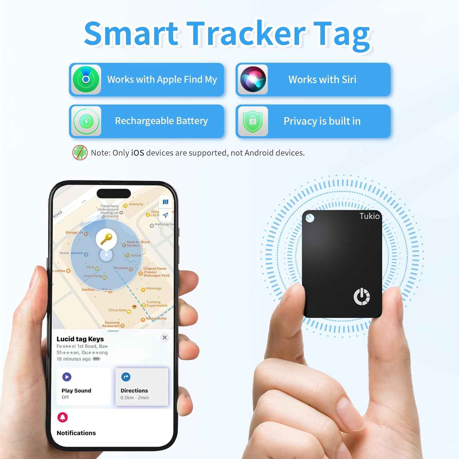 Air Smart Tag (Black) 2 Pack, Smart Tracker Card Compatible with Apple Find My (iOS only), Bluetooth Tracker with Wireless Charging, IP68 Waterproof Finder, Item Finder with Key Ring/Nylon Lanyard.