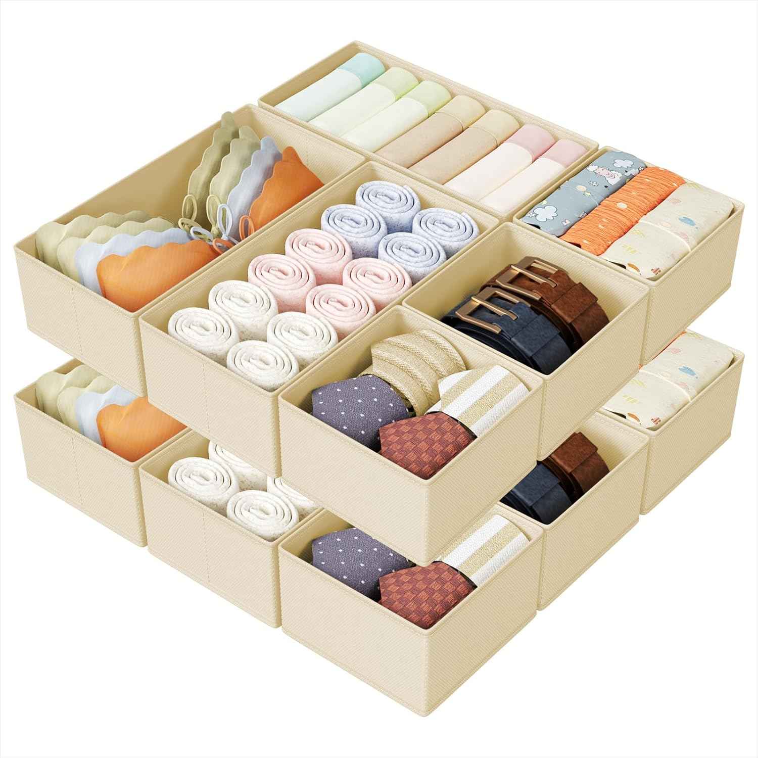 DIMJ Drawer Organizers Clothes, Set of 4 Dresser Organizer Bins, Fabric Closet Organizers and Storage, Shallow Drawer Dividers for Nursery, Clothing, Baby Clothes, Socks, Underwears, Tie (Beige)