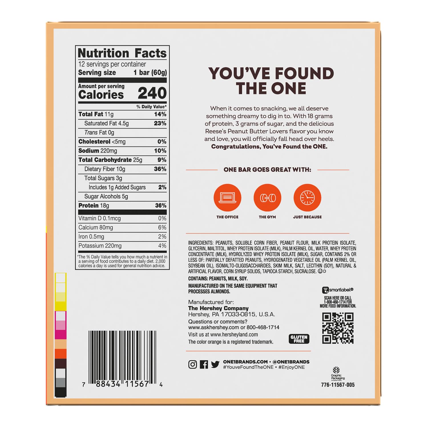 one protein bars reese's peanut butter lovers gluten free 18g protein 3g sugar 12 count