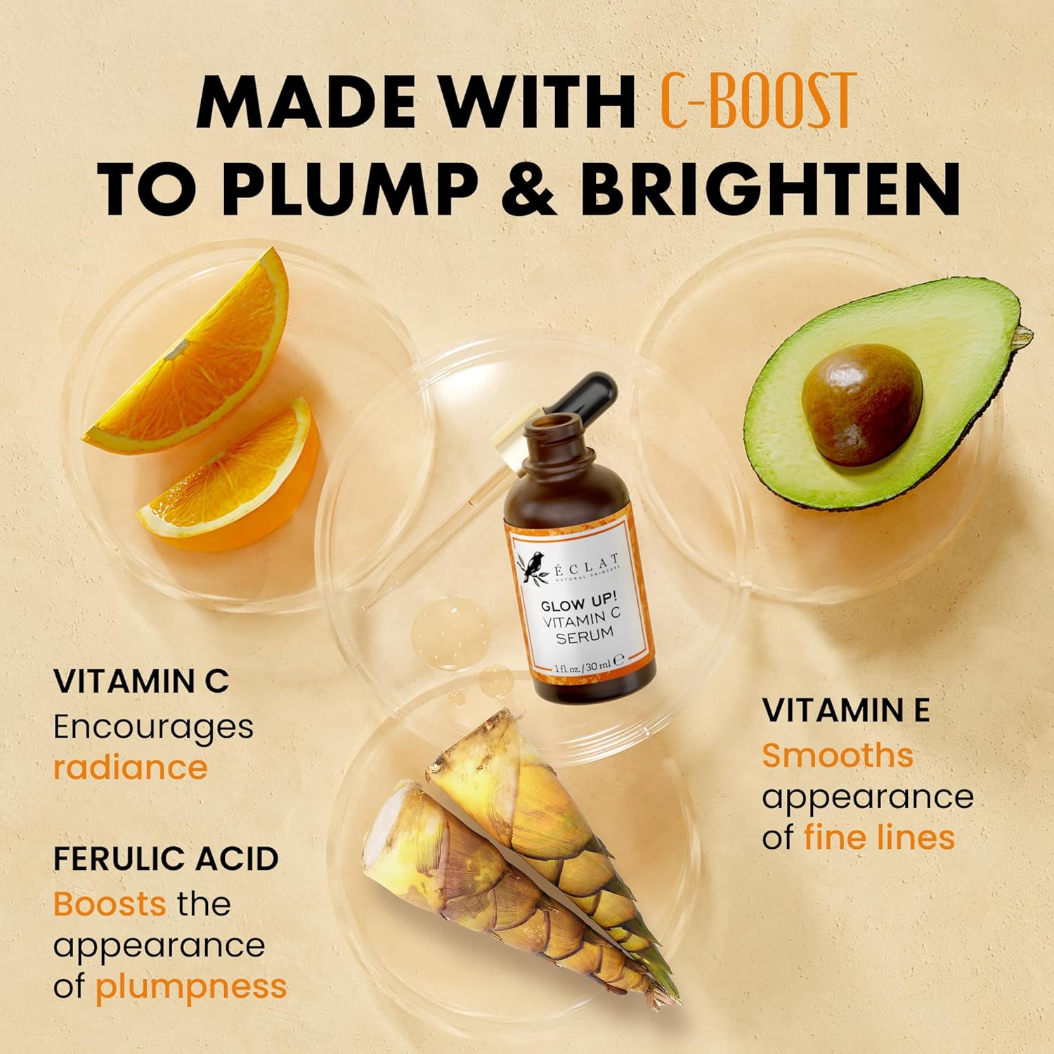 eclat skincare vitamin c serum 1 fl oz face care with hyaluronic acid and ferulic acid