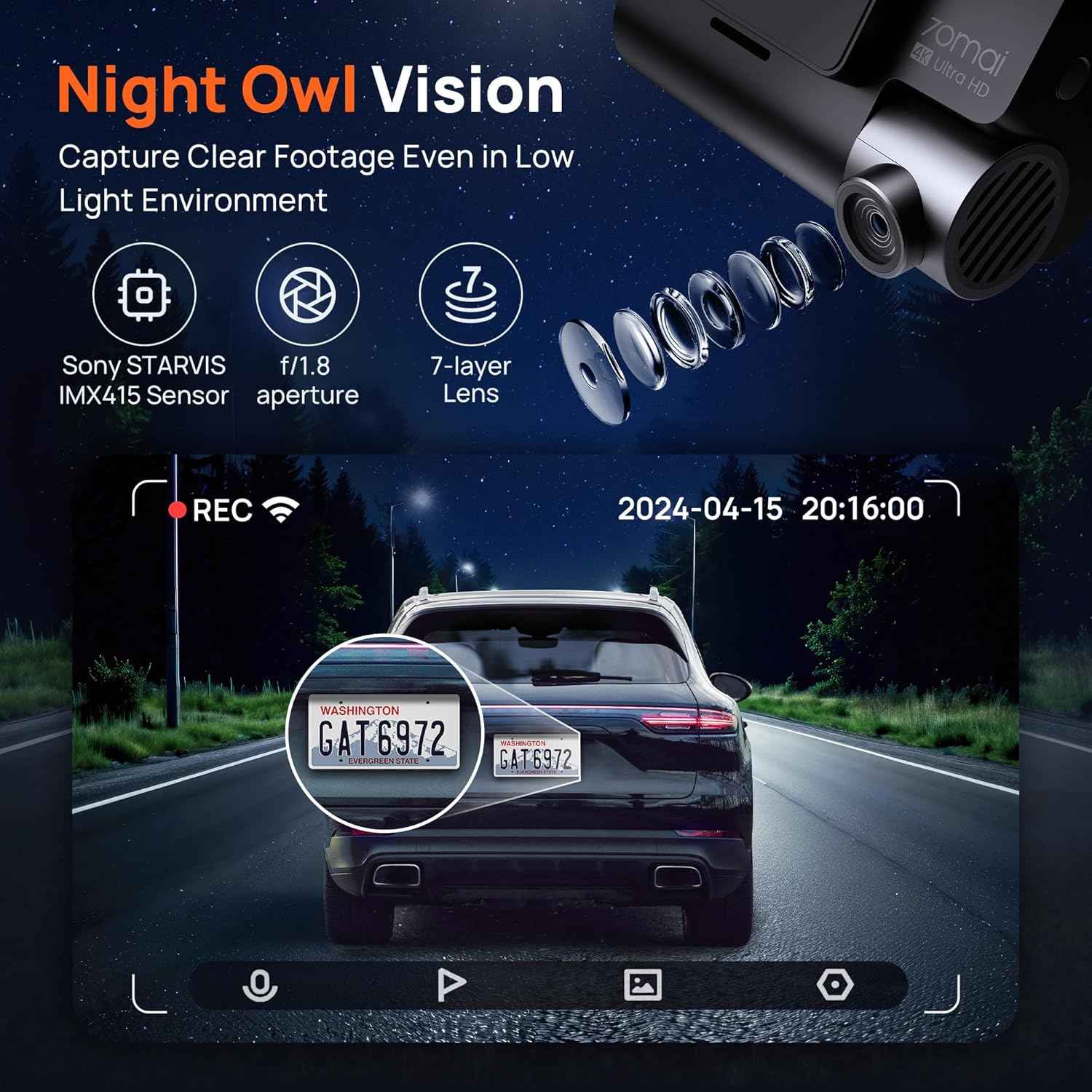 70mai 4K Dash Cam Front and Rear with STARVIS, Built in 5GHz WiFi & GPS Car Camera, Super Night Vision, ADAS, 3'' IPS Screen, 24H Parking Mode, Time-Lapse, Loop Recording, Support 256GB Max (A800S)