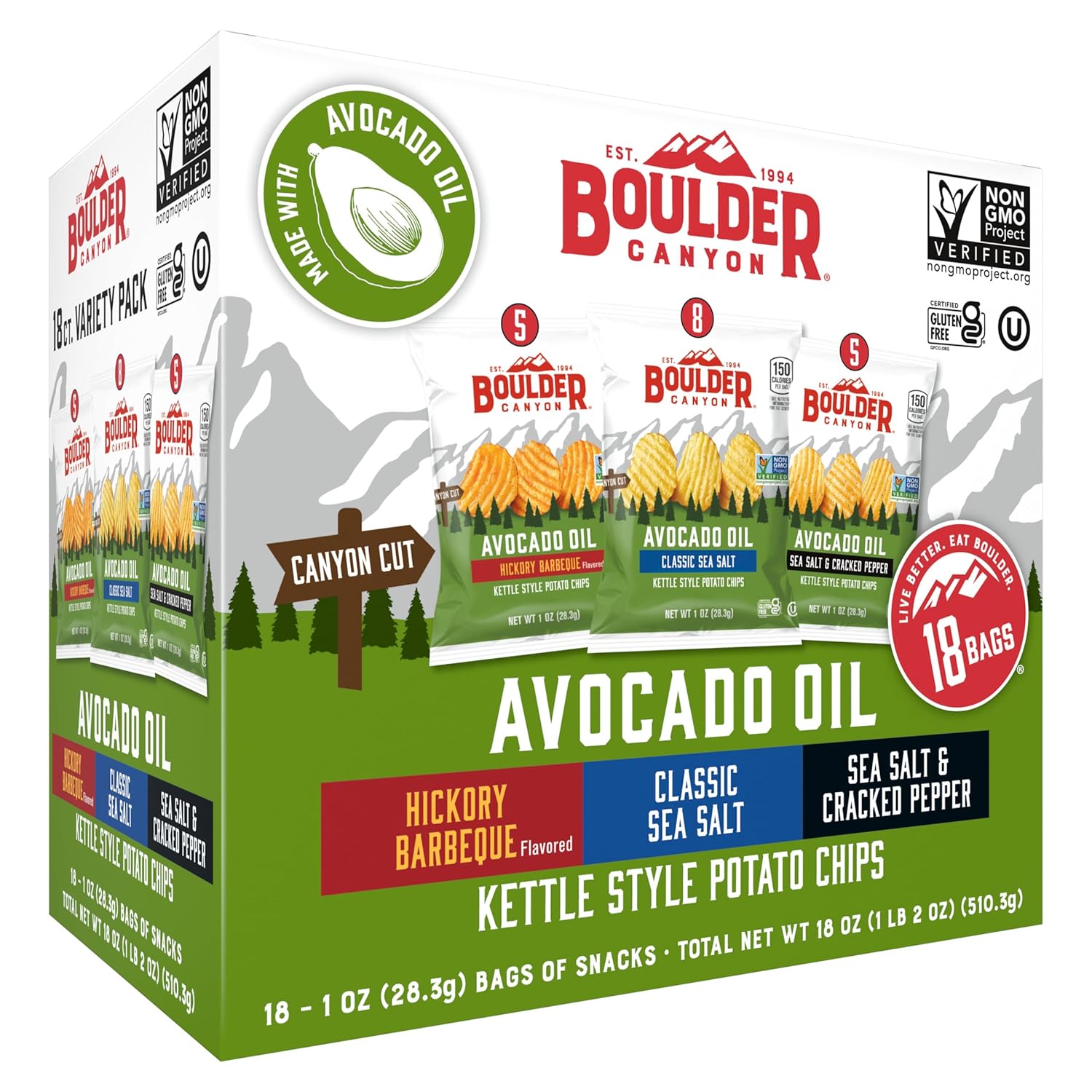 boulder canyon avocado oil kettle style potato chips 18 count variety pack gluten-free non-gmo