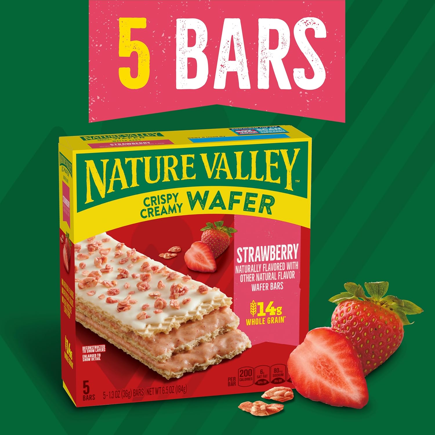 Nature Valley Whole Grain Crispy Creamy Wafer Bars, Strawberry, 5 Bars, 6.5 oz, Non-GMO