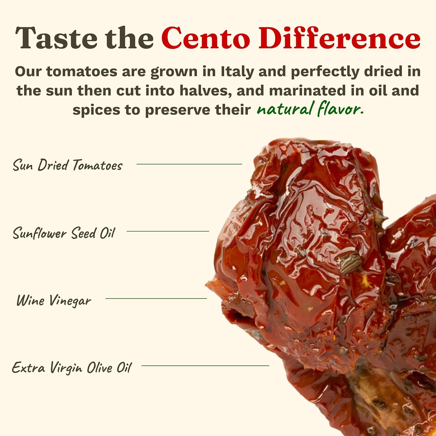 cento chefs sun dried tomatoes in oil & spices, gluten-free, non-gmo, low sodium italian tomatoes, 10 ounce jar
