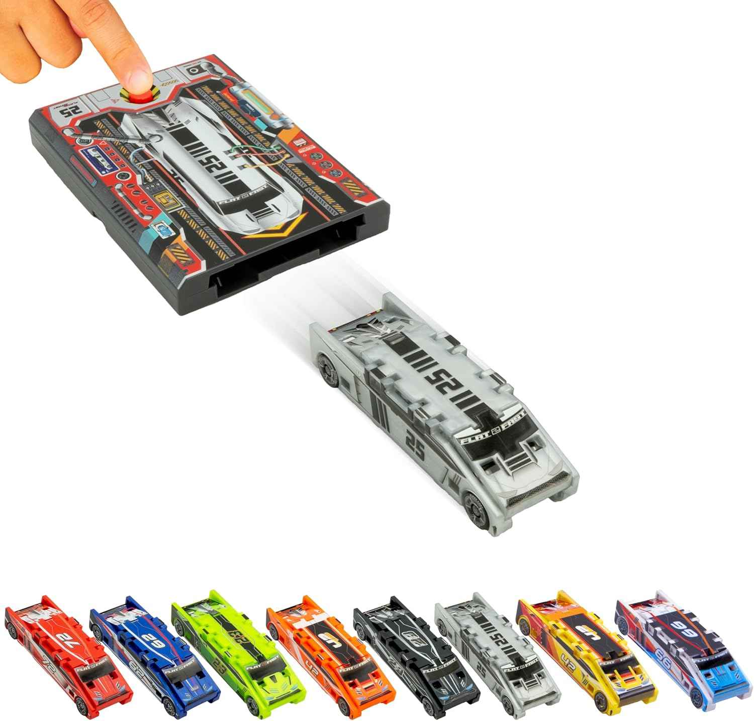 FLAT 2 FAST Original Stunt Card Racer – Flat Car Racer and Pocket Size Racecar Launcher with Built-in Button for Stunt Launching and Racing – Compact – Crimson Red