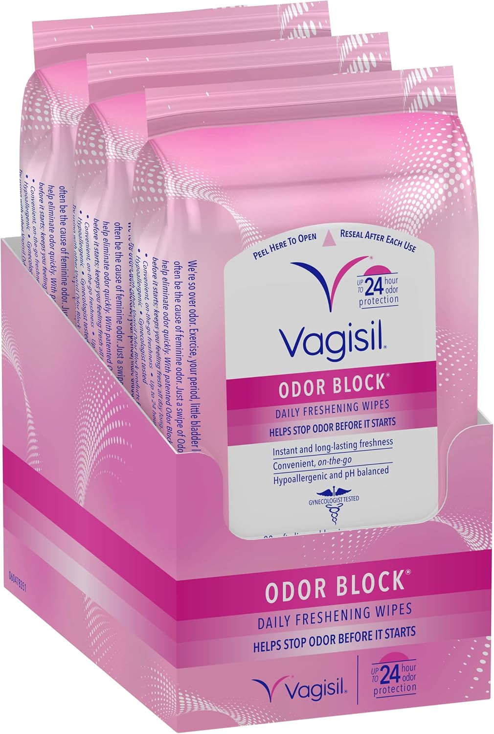 Vagisil odor block daily freshening wipes for feminine hygiene in resealable pouch, hypoallergenic, gynecologist tested, 20 wipes pack of 3