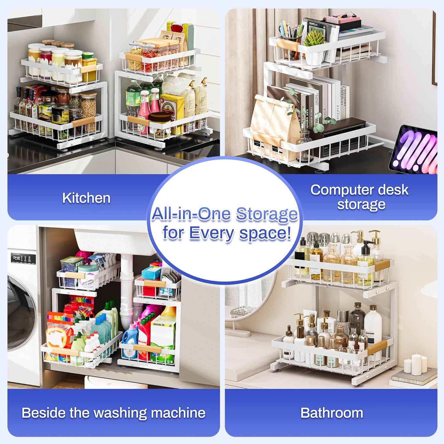 ADBIU Under Sink Organizer, 2 Pack 2 Tier Expandable Height (White, Large Size)