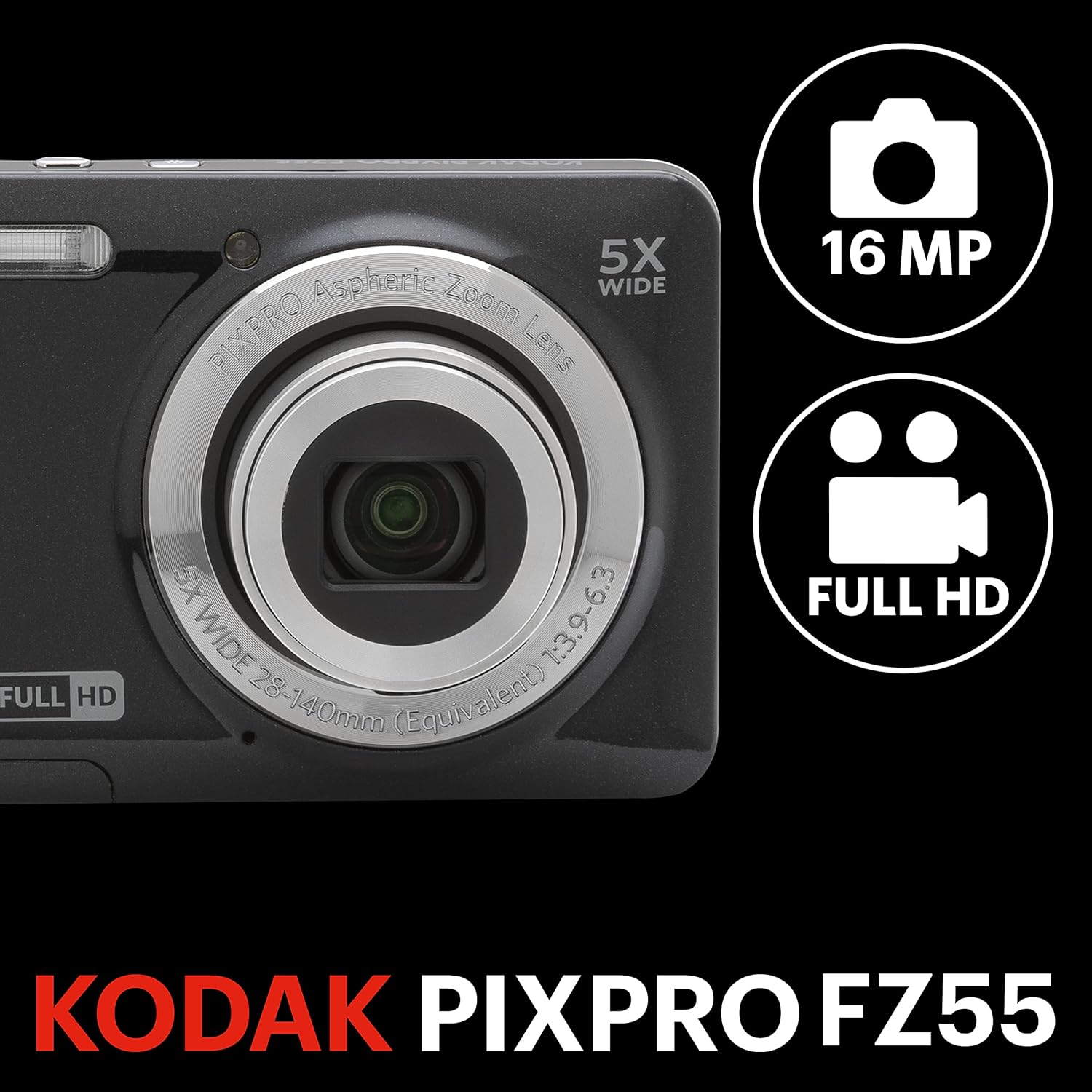 Kodak PIXPRO FZ55-BK 16MP CMOS Sensor Digital Camera 5X Optical Zoom 28mm Wide Angle 1080P Full HD Video 2.7" LCD Vlogging Camera (Black)